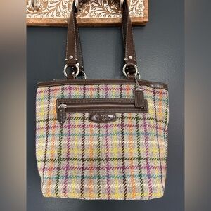 Coach Colorful Plaid Tote with Brown Accents